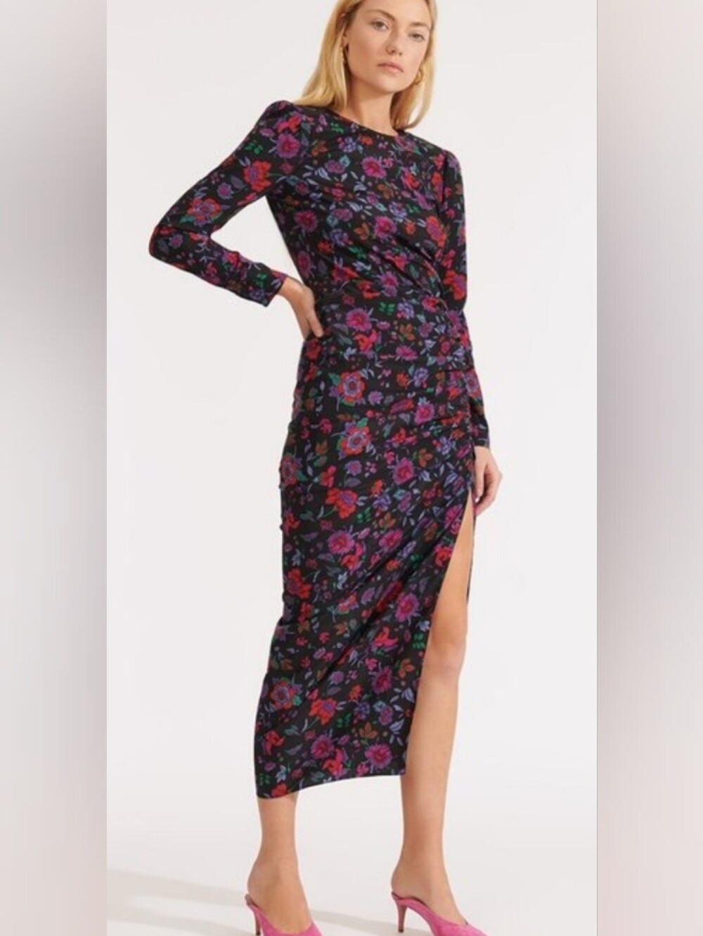 Veronica Beard Selena Black Silk Purple Floral Ruched Side Slit Midi Dress Sz 6